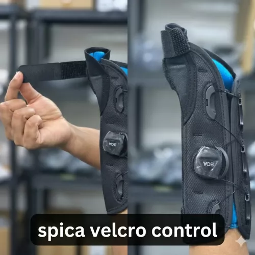Medical-grade thumb spica brace for De Quervain’s Tenosynovitis, featuring BOA dial closure system, dual stabilization stays, and comfort-focused blue inner lining