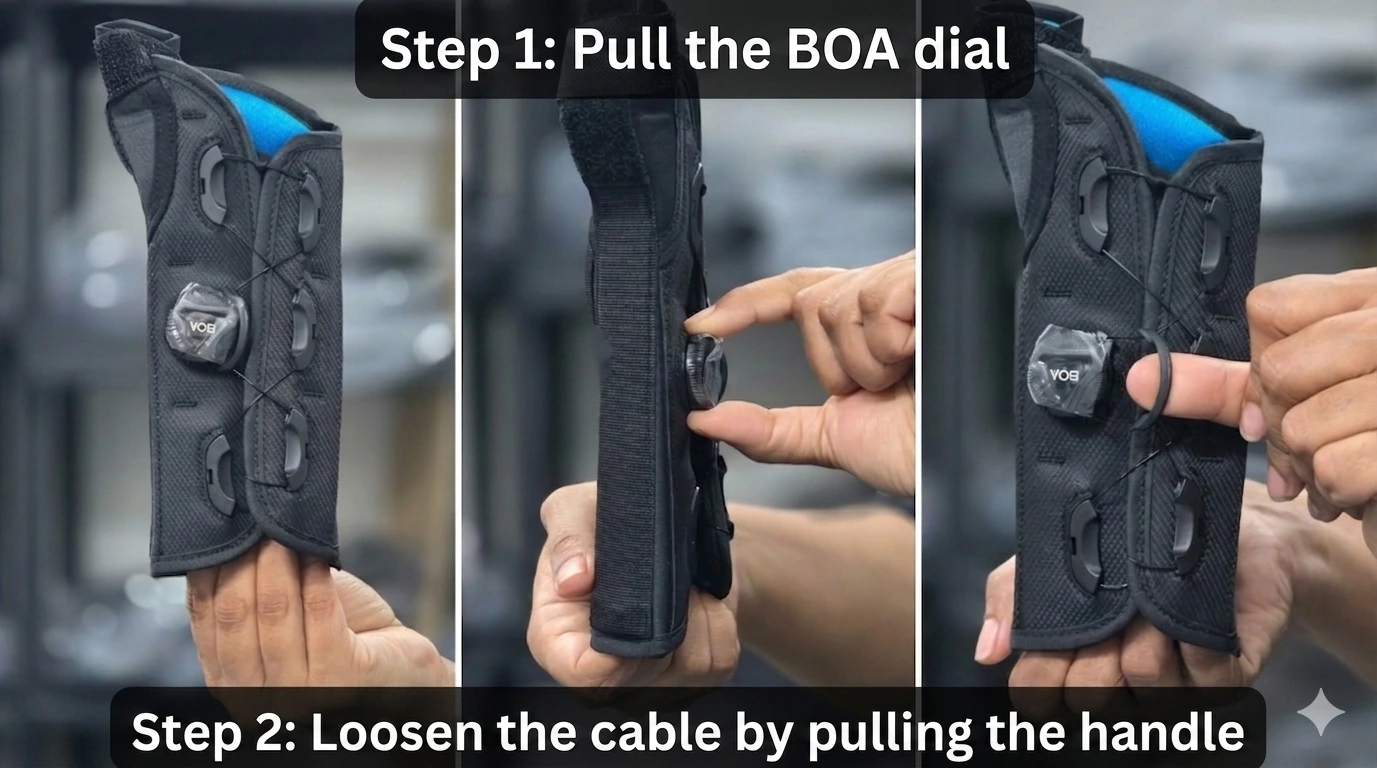 Medical-grade thumb spica brace for De Quervain’s Tenosynovitis, featuring BOA dial closure system, dual stabilization stays, and comfort-focused blue inner lining