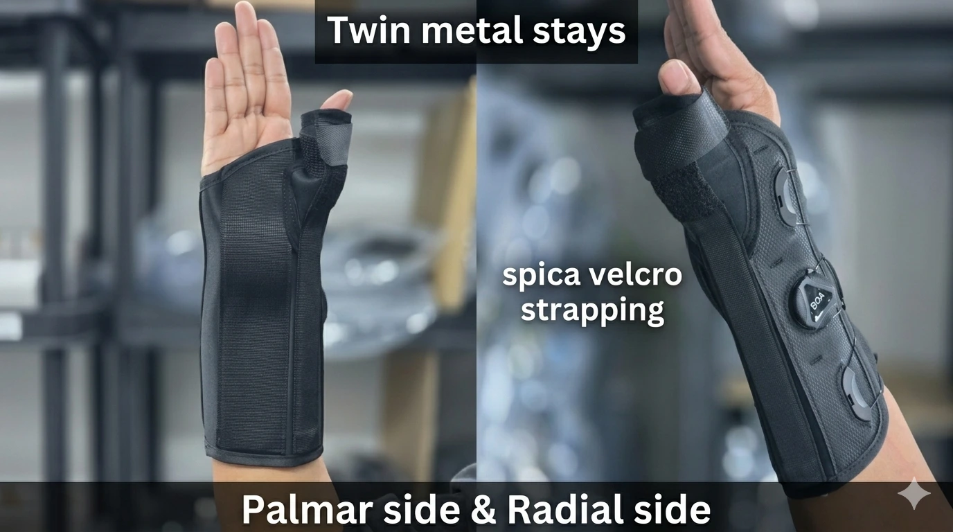 Medical-grade thumb spica brace for De Quervain’s Tenosynovitis, featuring BOA dial closure system, dual stabilization stays, and comfort-focused blue inner lining